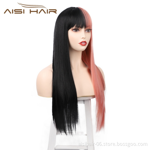 Aisi Hair Fiber Afro High Quality Cheap Straight Mixed Color Pink Black Long Heat Resistant Synthetic Hair Wigs